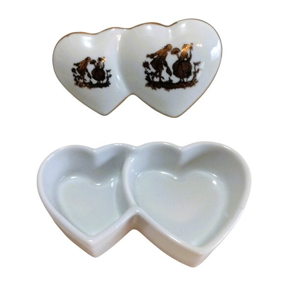 Vintage 1950's Porcelain-Double Heart Shaped-Gold Trim-Lady Angela Trinket Box - Picture 2 of 12